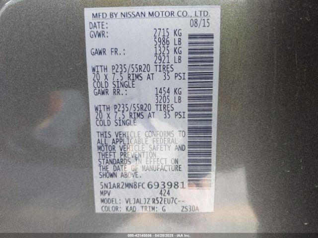 5N1AR2MN8FC693981 Nissan Pathfinder Platinum