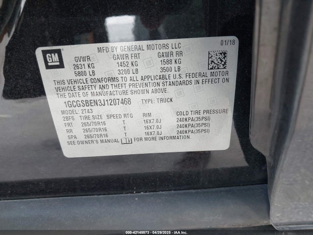 1GCGSBEN3J1207468 Chevrolet Colorado Wt