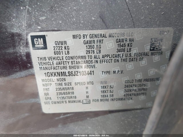 1GKKNMLS6JZ103441 GMC lgx - direct injection, variable valve timing, alum, gen 2