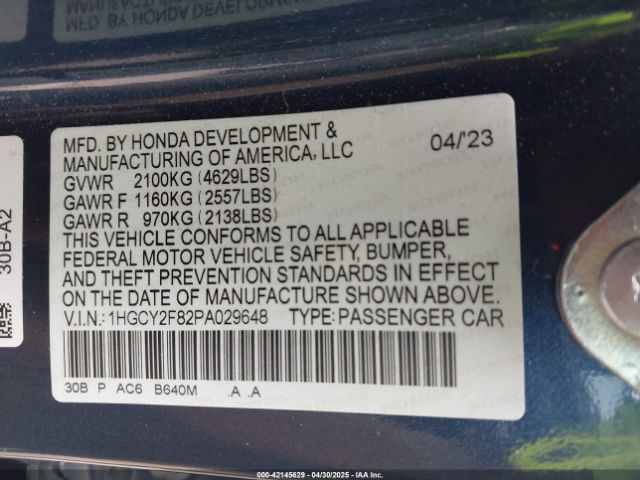 1HGCY2F82PA029648 Honda Accord Hybrid Touring