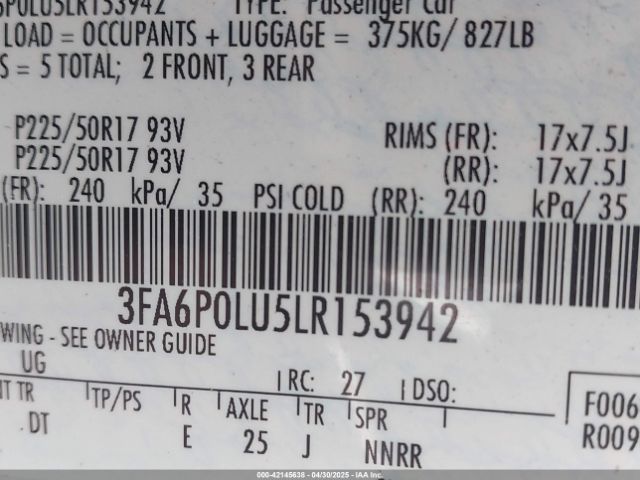 3FA6P0LU5LR153942 Ford Fusion Hybrid Se