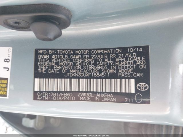 JTDKN3DUXF1884511 Toyota Prius Two
