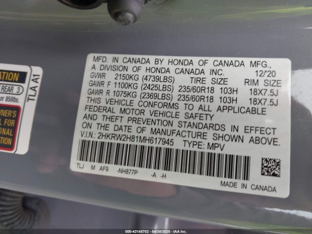 2HKRW2H81MH617945 Honda Cr-v Awd Ex-l