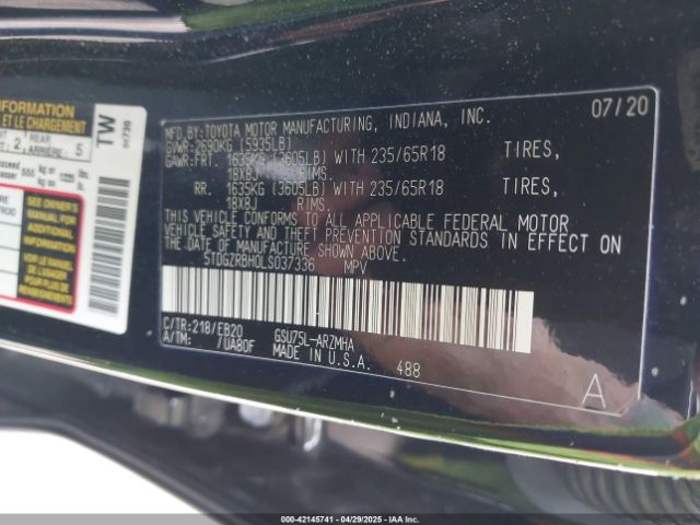 5TDGZRBH0LS037336 Toyota Highlander Xle