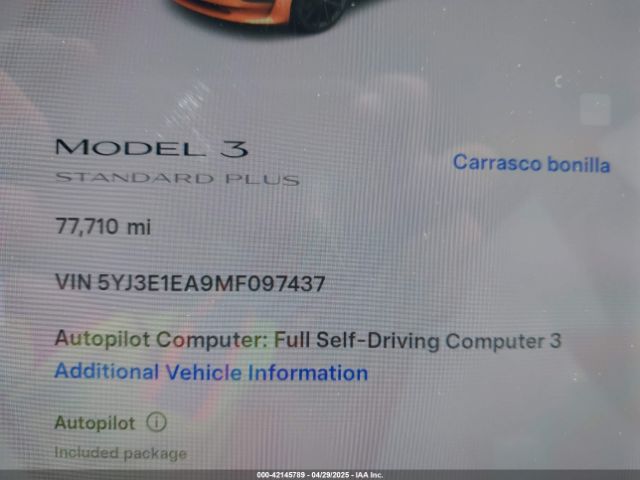 5YJ3E1EA9MF097437 Tesla Model 3 Standard Range Plus Rear-wheel Drive