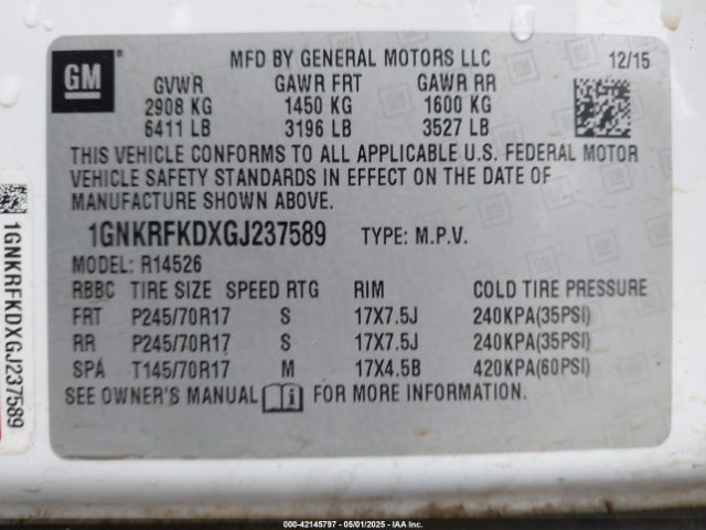 1GNKRFKDXGJ237589 Chevrolet Traverse Ls