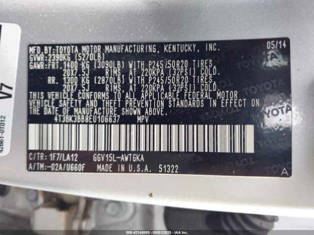 4T3BK3BB8EU106637 Toyota Venza Limited V6
