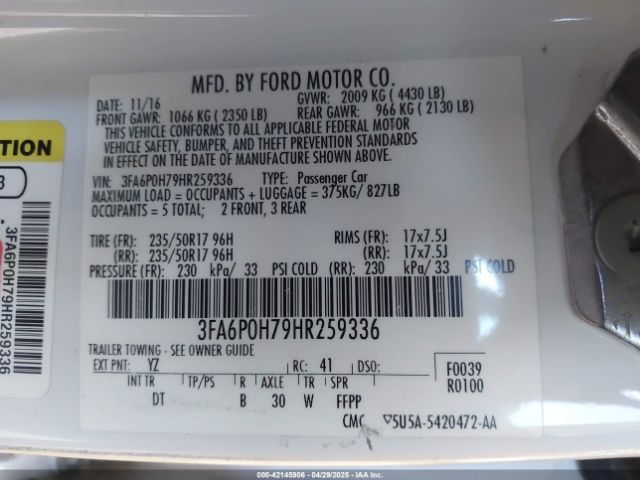 2017 FORD FUSION 3FA6P0H79HR259336 Photo 8
