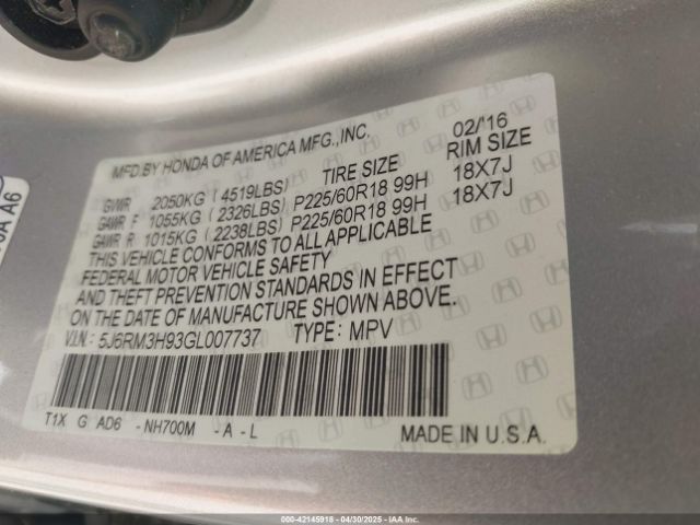 5J6RM3H93GL007737 Honda Cr-v Touring
