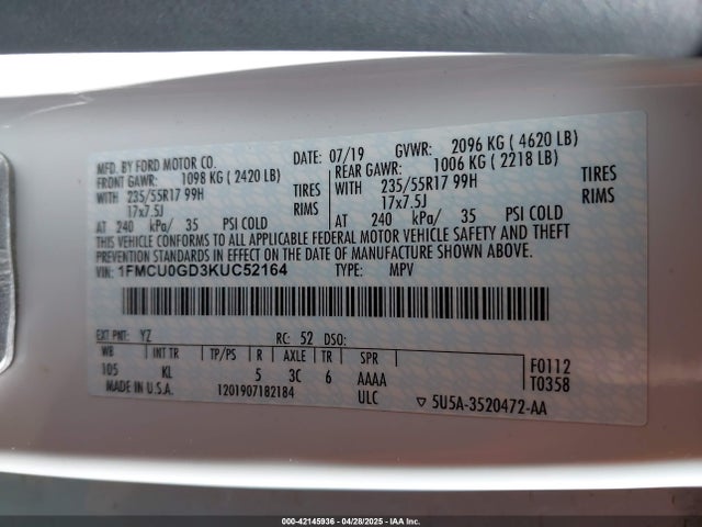 Ford ESCAPE SE 2019 1FMCU0GD3KUC52164 Image 9
