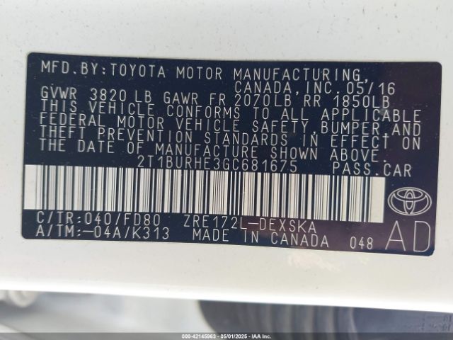 2T1BURHE3GC681675 Toyota Corolla S Plus