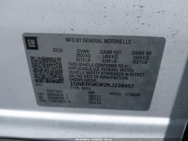 1GNERGKW2KJ238457 Chevrolet Traverse 1lt