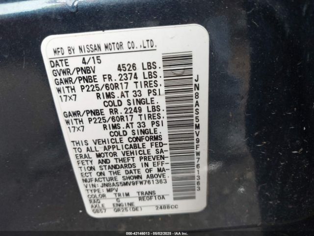 JN8AS5MV9FW761363 Nissan Rogue Select S