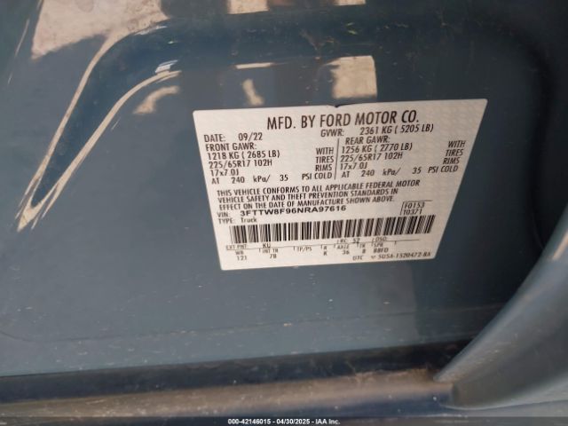 3FTTW8F96NRA97616 Ford Maverick Xlt