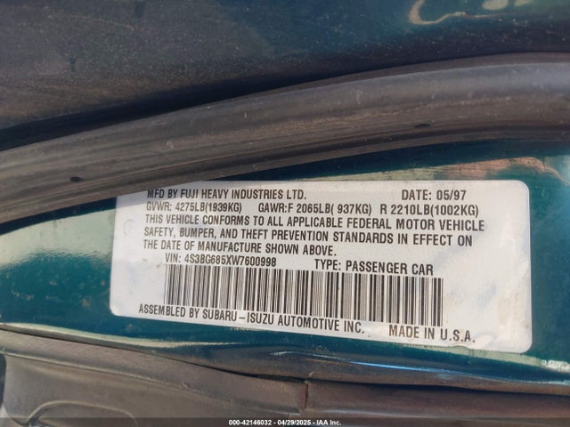 Auction sale of the 1998 Subaru Legacy Outback/outback Limited/outback Sport, vin: 4S3BG685XW7600998, lot number: 42146032