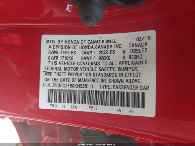 2019 HONDA CIVIC 2HGFC2F60KH538111 Photo 8