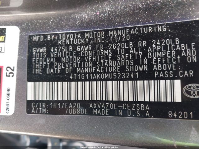 2021 TOYOTA CAMRY 4T1G11AK0MU523241 Photo 8