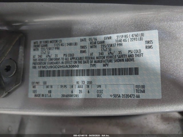 1FMCU9GD2HUA30860 Ford ESCAPE SE