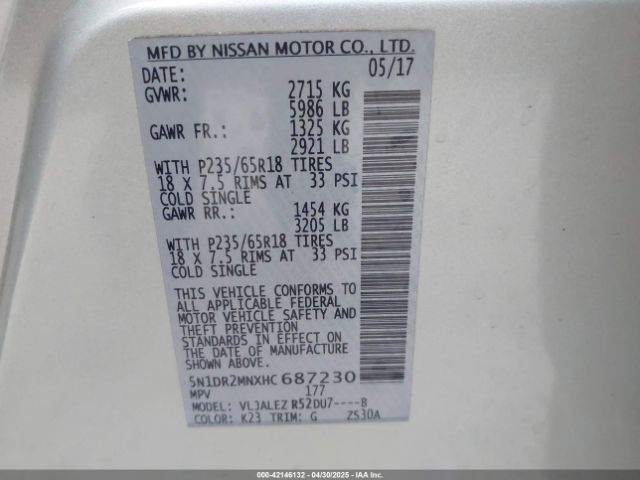 5N1DR2MNXHC687230 Nissan Pathfinder Sv