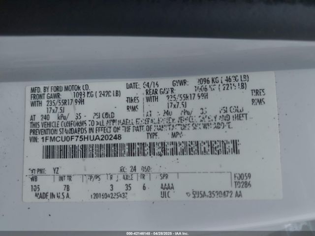 1FMCU0F75HUA20248 Ford ESCAPE S