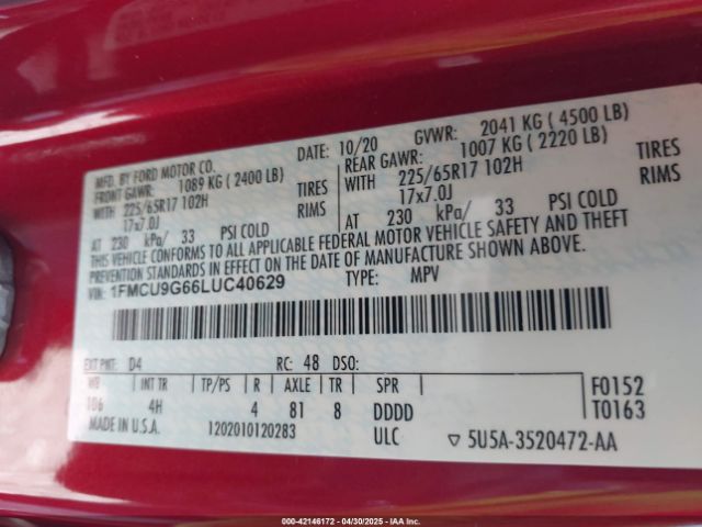 2020 FORD ESCAPE 1FMCU9G66LUC40629 Photo 8