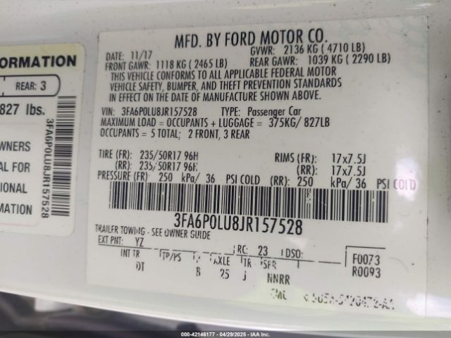 3FA6P0LU8JR157528 Ford Fusion Hybrid Se
