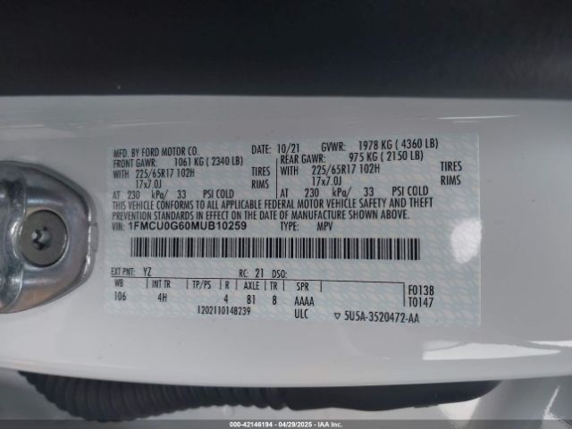 2021 FORD ESCAPE 1FMCU0G60MUB10259 Photo 8