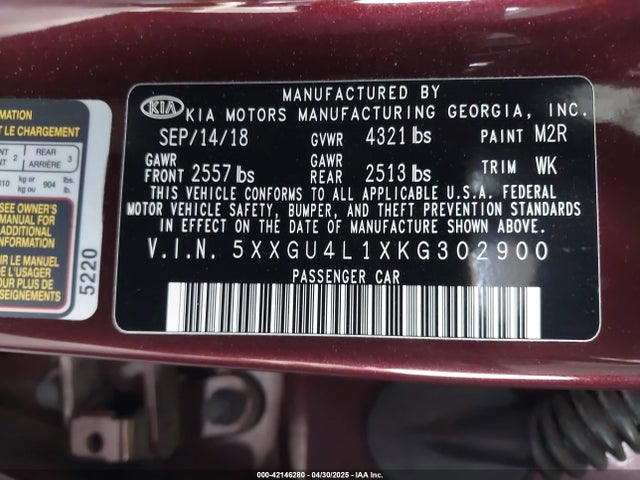 5XXGU4L1XKG302900 KIA OPTIMA EX
