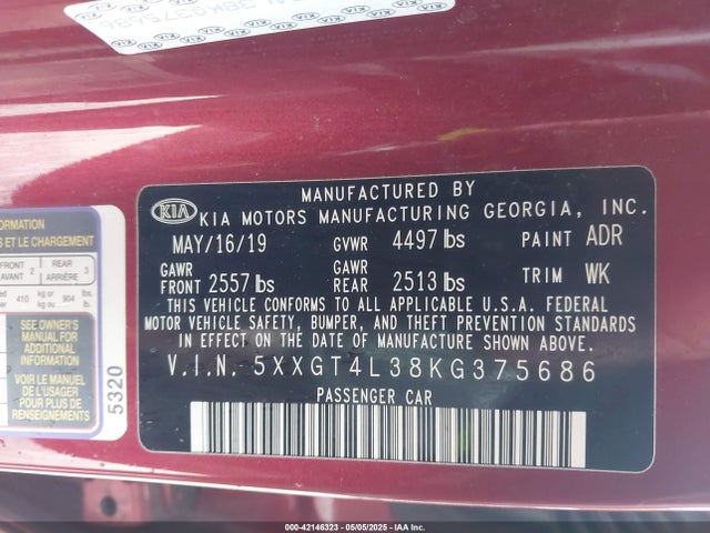 5XXGT4L38KG375686 KIA Optima S
