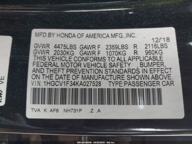 1HGCV1F34KA027528 Honda Accord Sport