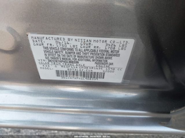 3N1CN7AP4GL908339 Nissan Versa 1.6 S+