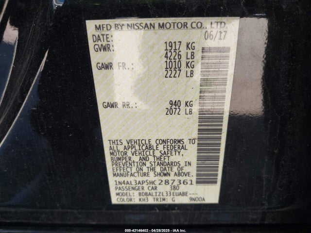 1N4AL3AP5HC287361 Nissan Altima 2.5 Sv