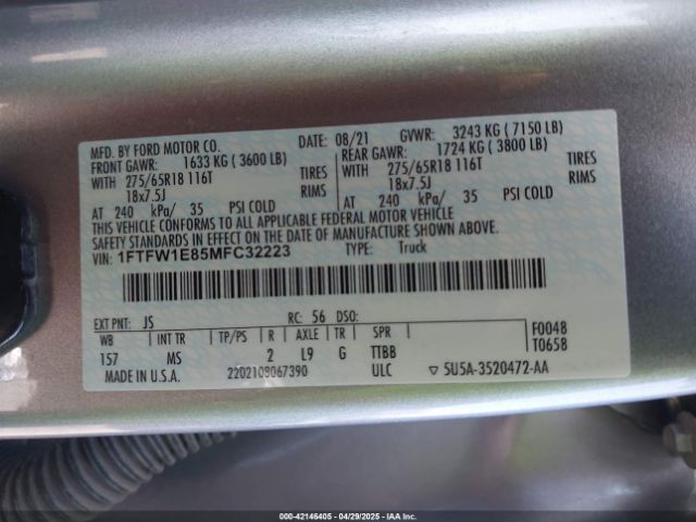 1FTFW1E85MFC32223 Ford F-150 Xlt
