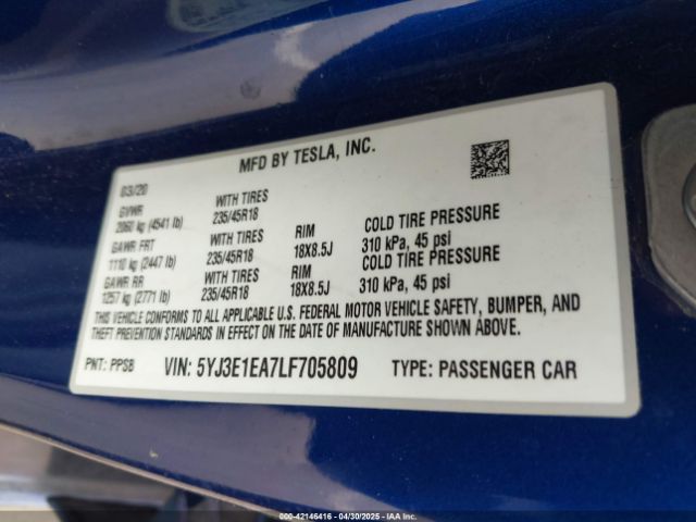 5YJ3E1EA7LF705809 Tesla Model 3 Standard Range Plus Rear-wheel Drive/standard Range Rear-wheel Drive