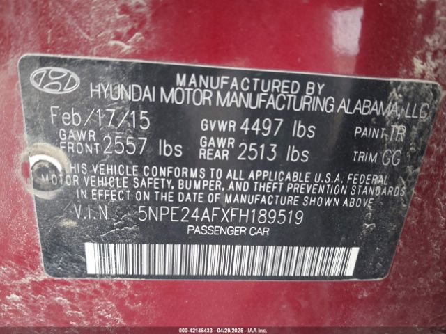 5NPE24AFXFH189519 Hyundai SONATA SE