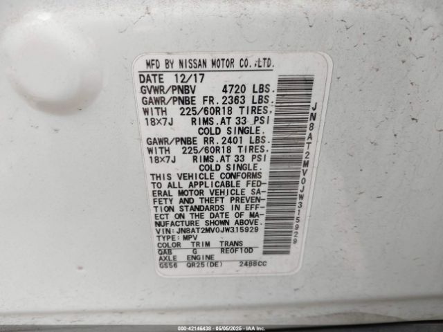 JN8AT2MV0JW315929 Nissan Rogue Sl