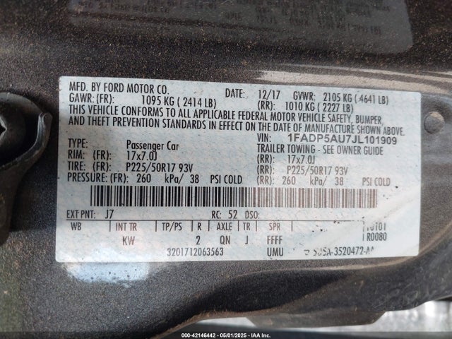1FADP5AU7JL101909 Ford 2.0l atk ivct hev