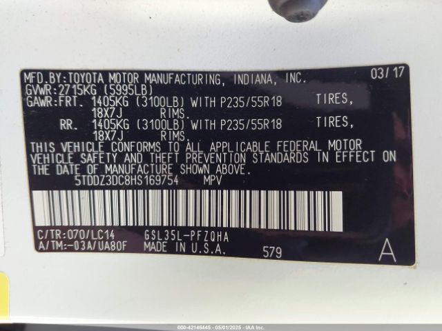 5TDDZ3DC8HS169754 Toyota Sienna Xle Premium 7 Passenger
