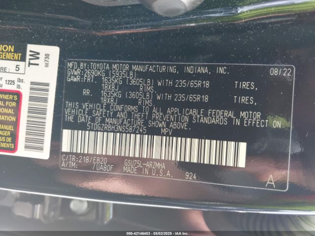 5TDGZRBH3NS587245 Toyota Highlander Xle