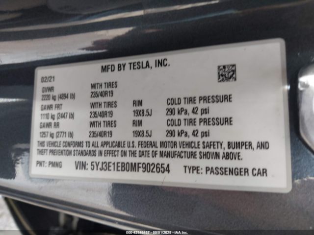 5YJ3E1EB0MF902654 Tesla Model 3 Long Range Dual Motor All-wheel Drive