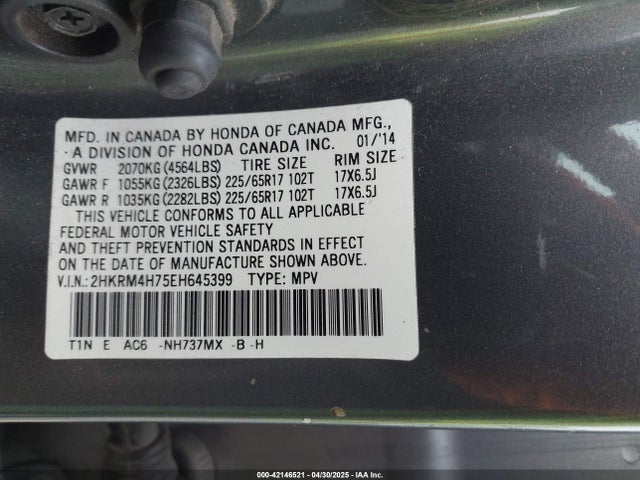 2HKRM4H75EH645399 Honda Cr-v Ex-l