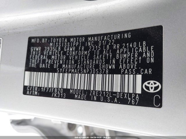 Toyota 2zr-fae 2022 5YFEPMAE5NP305378 Image 9