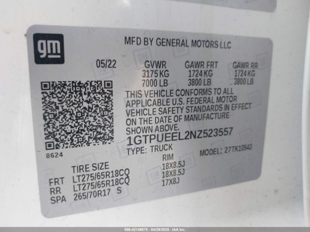 1GTPUEEL2NZ523557 GMC Sierra 1500 4wd  Short Box At4