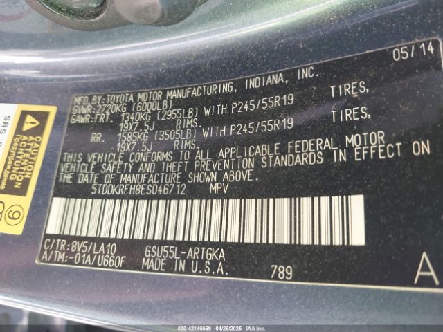 5TDDKRFH8ES046712 Toyota Highlander Limited V6