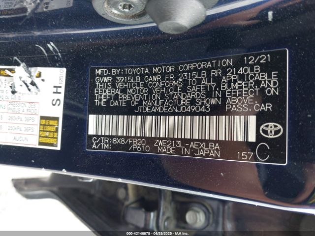 JTDEAMDE6NJ049043 Toyota 2zr-fxe, 1nm