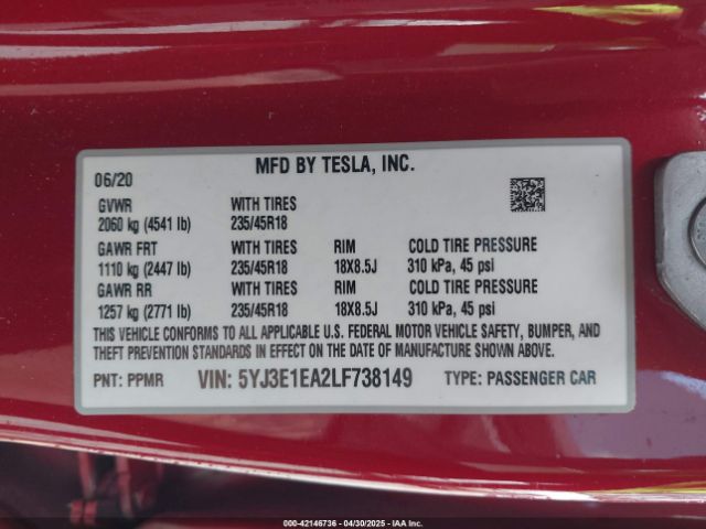 5YJ3E1EA2LF738149 Tesla Model 3 Standard Range Plus Rear-wheel Drive/standard Range Rear-wheel Drive