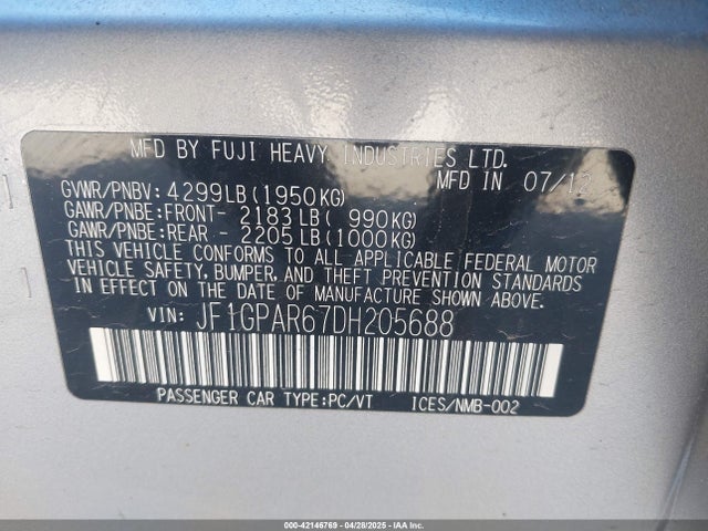 42146769 :رقم المزاد ، JF1GPAR67DH205688 vin ، 2013 Subaru Impreza 2.0i Sport Limited مزاد بيع