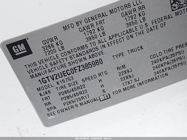 1GTV2UEC0FZ385980 GMC Sierra 1500 Sle