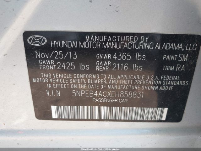 5NPEB4ACXEH858831 Hyundai SONATA GLS