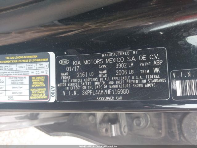 3KPFL4A82HE116980 KIA FORTE EX
